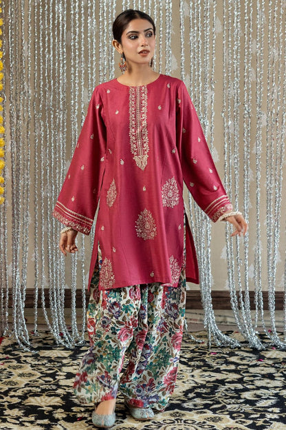 Raspberry Pink Embroidered Lawn Farshi Shalwar Kurta Set Online in Dubai UAE Abudhabi Ajman Sharjah