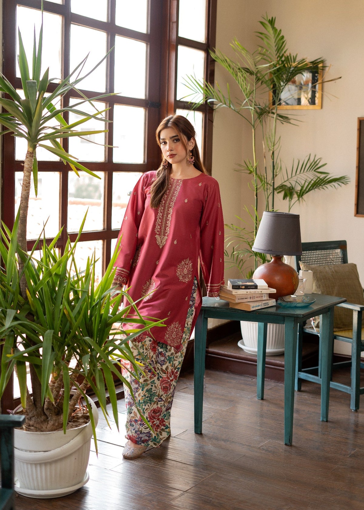 Raspberry Pink Floral Print Farshi Shalwar Lawn Kurta Set Online in UK USA Canada