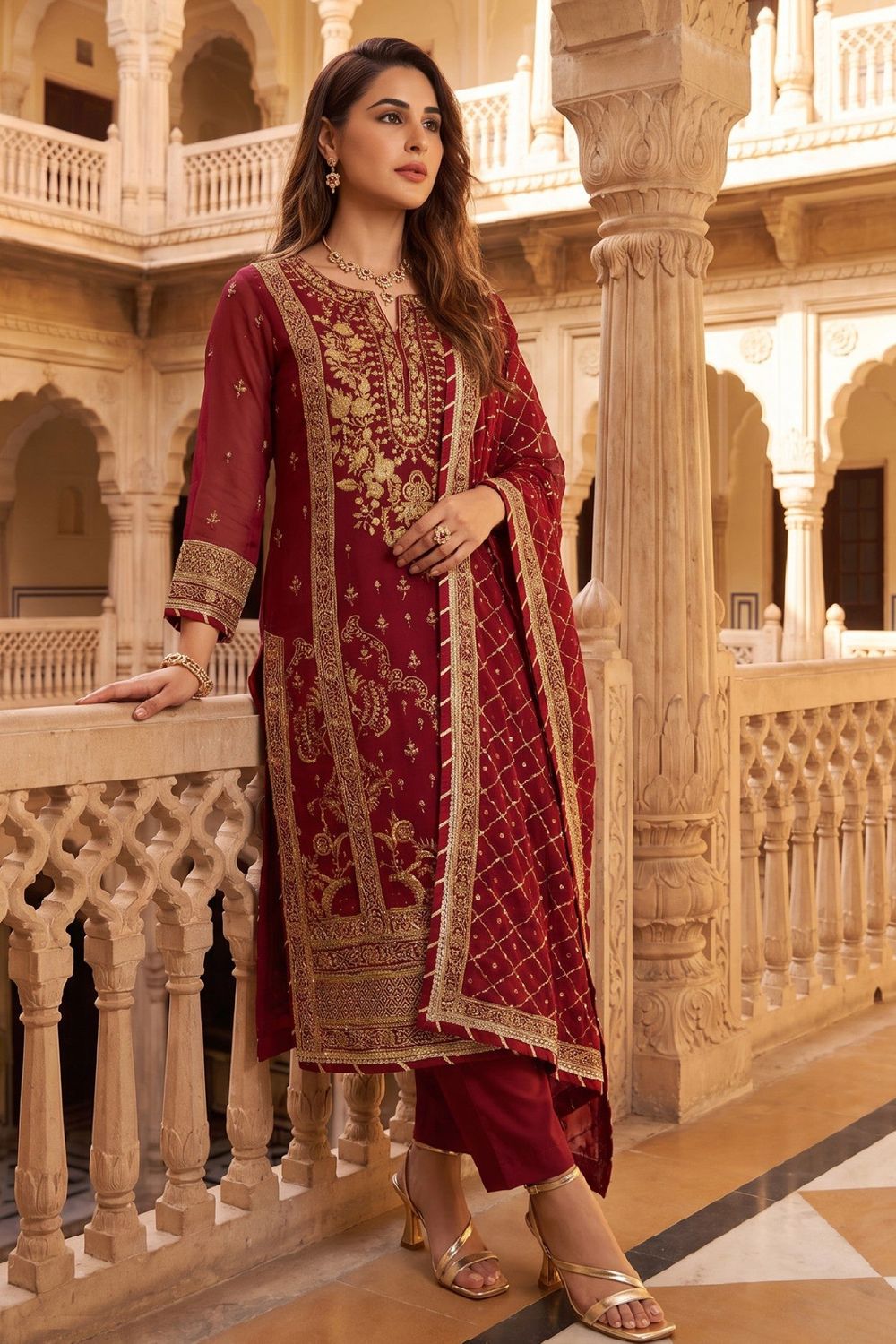 Red Embroidered Chiffon Pakistani Suit Online in Dubai UAE Abudhabi Ajman Sharjah