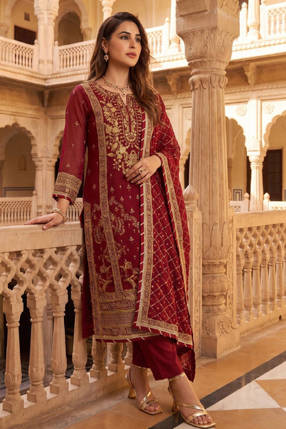 Red Embroidered Chiffon Pakistani Suit Online in Dubai UAE Abudhabi Ajman Sharjah