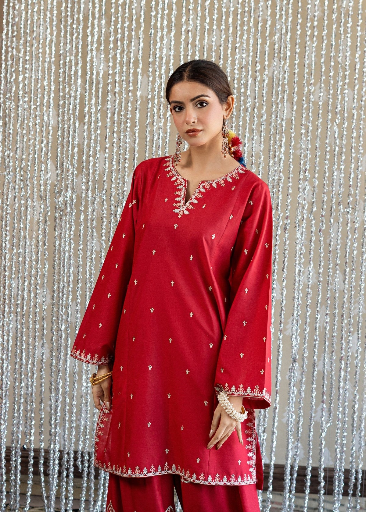 Red Embroidered Lawn Daily Wear Kurta Set Online in Dubai DXB UAE Abudhabi Meena Bazaar