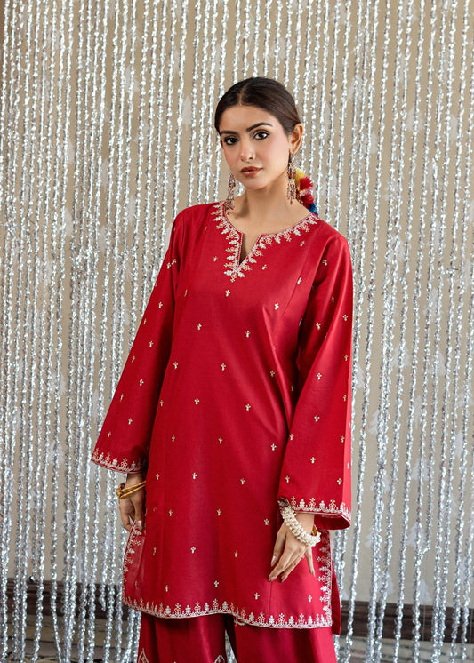 Red Embroidered Lawn Daily Wear Kurta Set Online in Dubai DXB UAE Abudhabi Meena Bazaar