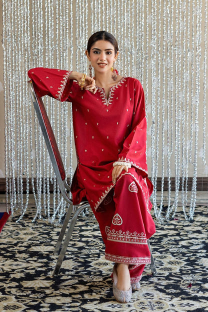 Red Embroidered Lawn Farshi Shalwar Kurta Set Online in Dubai UAE Abudhabi Ajman Sharjah