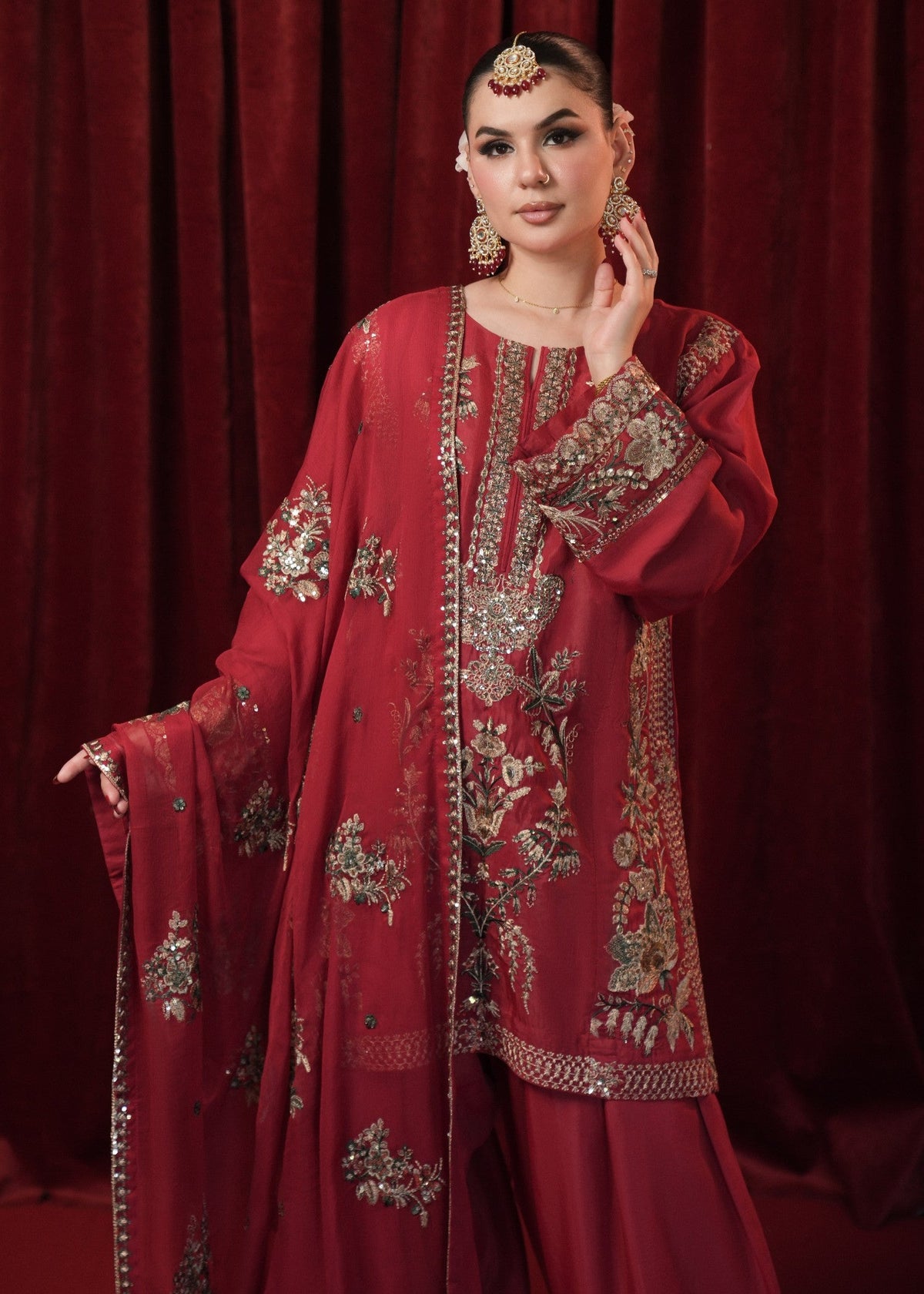 Red Embroidered Raw Silk Ladies Salwar Kameez Online in Sri Lanka India Australia