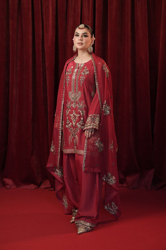 Red Embroidered Raw Silk Pakistani Suit Online in Dubai UAE Abudhabi Ajman Sharjah