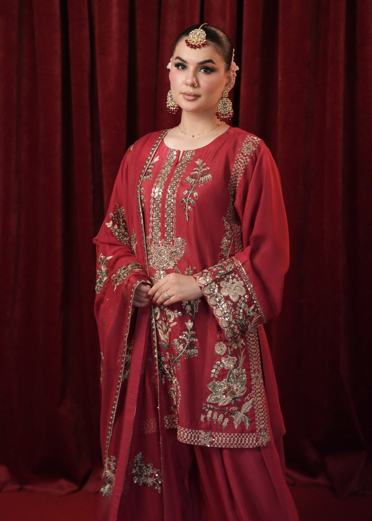 Red Embroidered Raw Silk Salwar Suit with Chiffon Dupatta Online in KSA Riyadh Saudi Arabia Oman Bahrain Qatar
