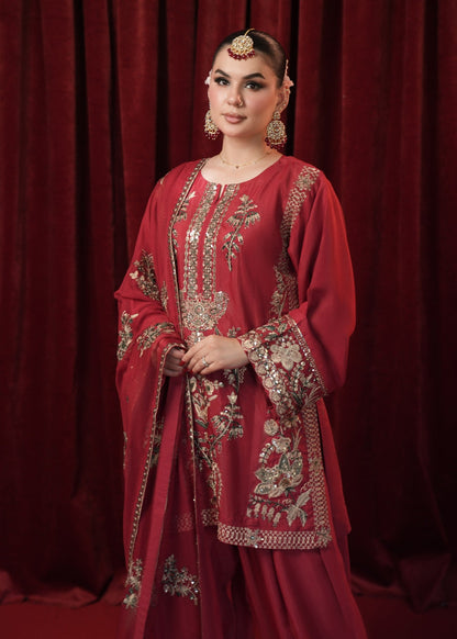 Red Embroidered Raw Silk Salwar Suit with Chiffon Dupatta Online in KSA Riyadh Saudi Arabia Oman Bahrain Qatar