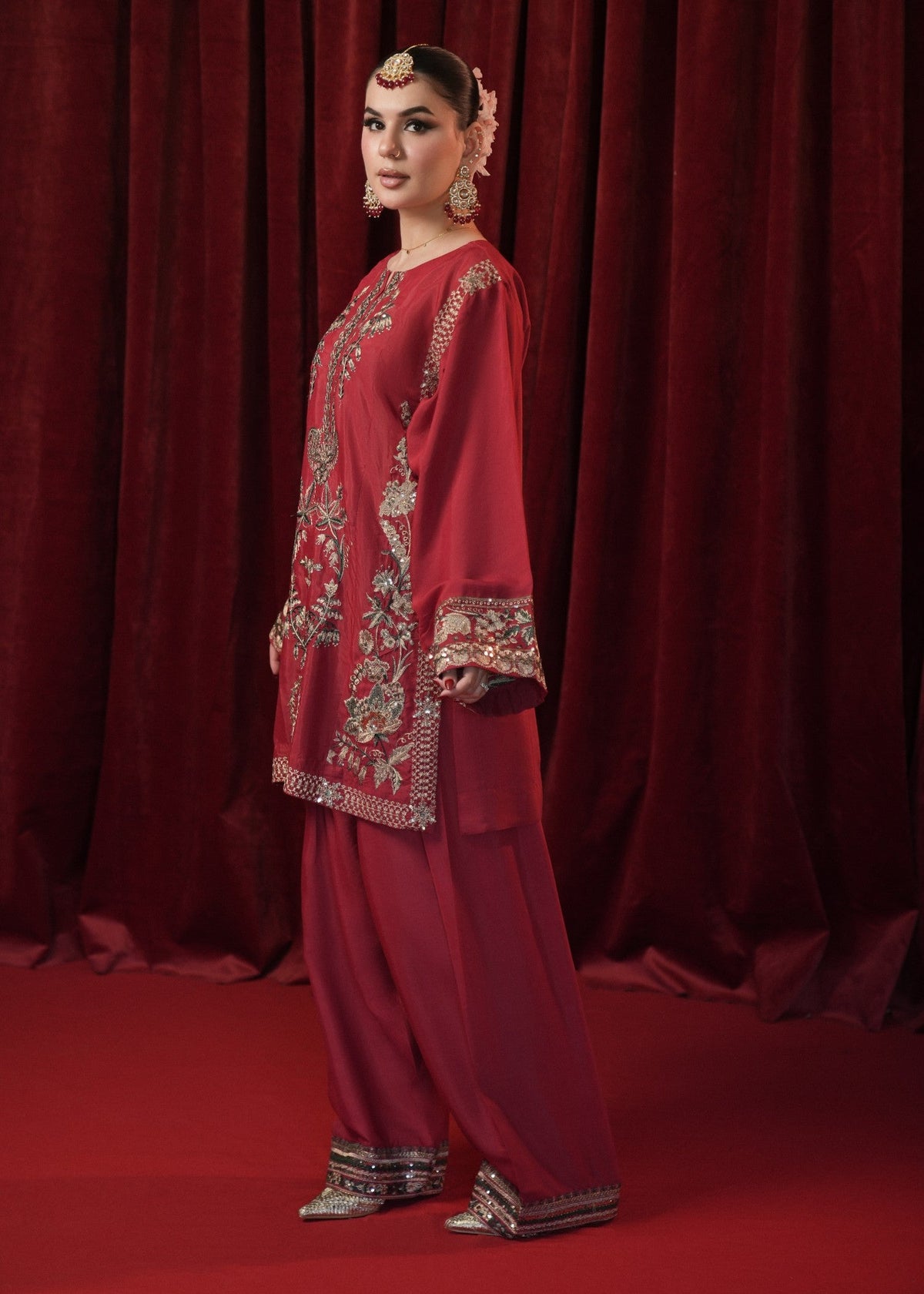 Red Embroidered Raw Silk Stitched Salwar Kameez Online in Dubai UAE Abudhabi Ajman Sharjah