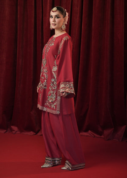 Red Embroidered Raw Silk Stitched Salwar Kameez Online in Dubai UAE Abudhabi Ajman Sharjah