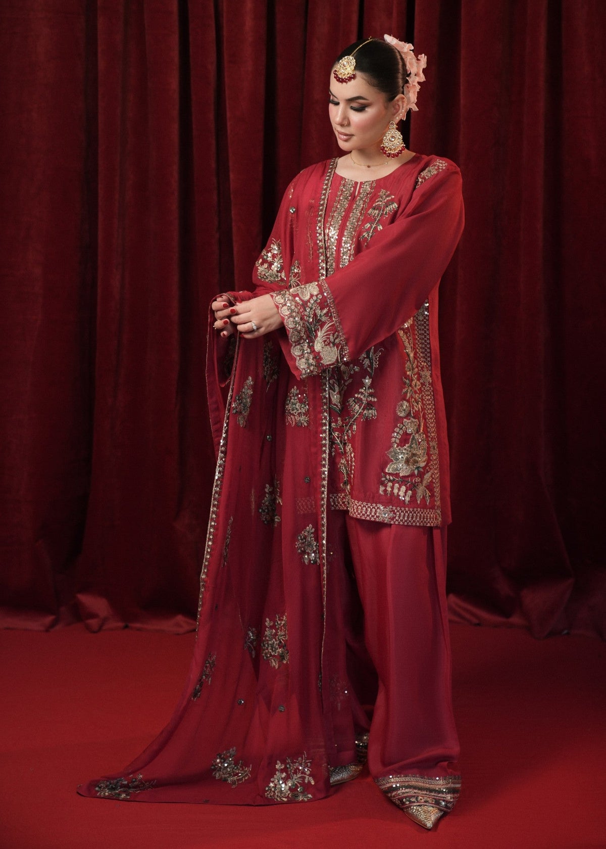Red Raw Silk Pakistani Designer Suits Online in Dubai UAE Abudhabi Ajman Sharjah