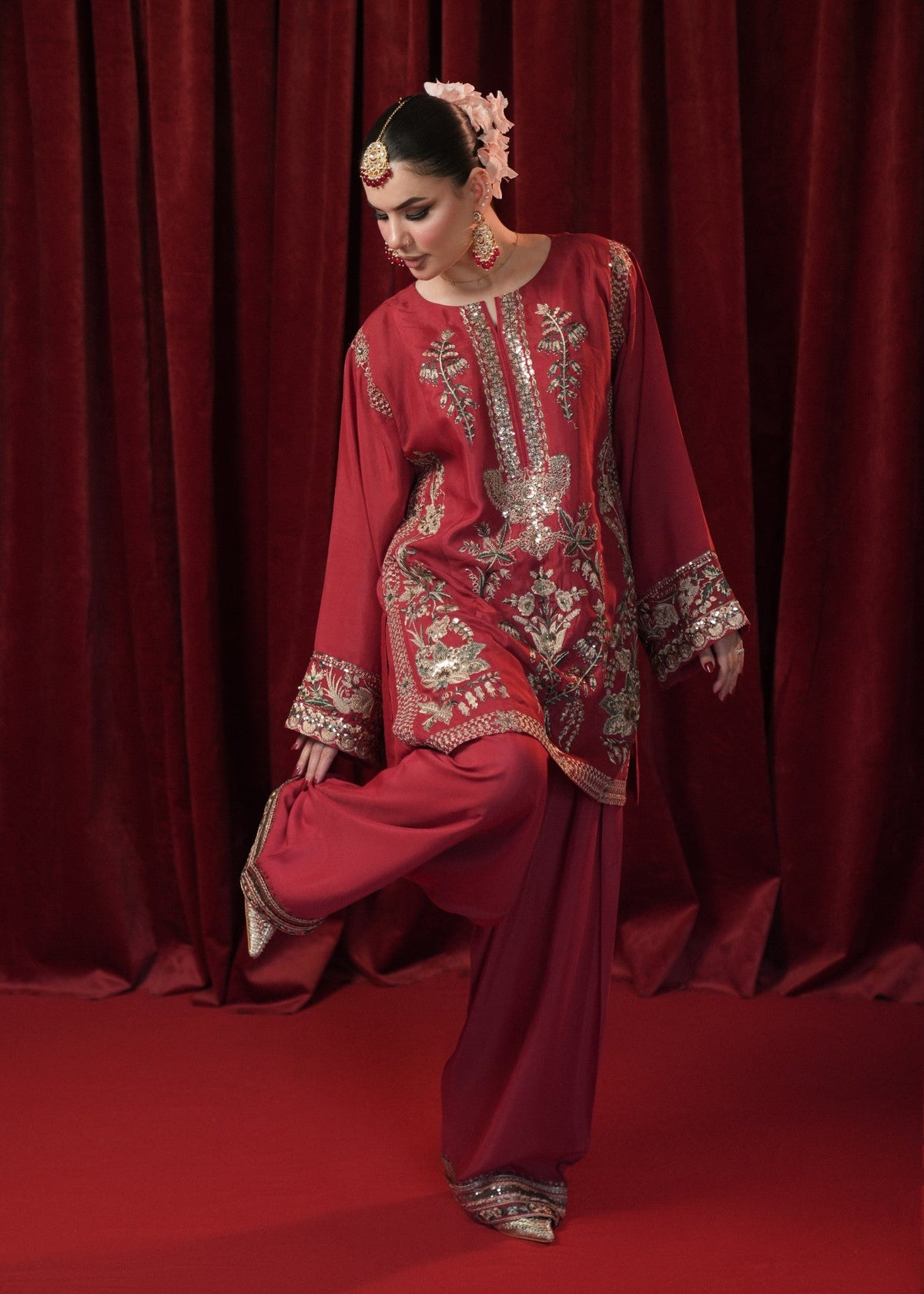 Red Raw Silk Pakistani Partywear Suit Online in Dubai DXB UAE Abudhabi Meena Bazaar