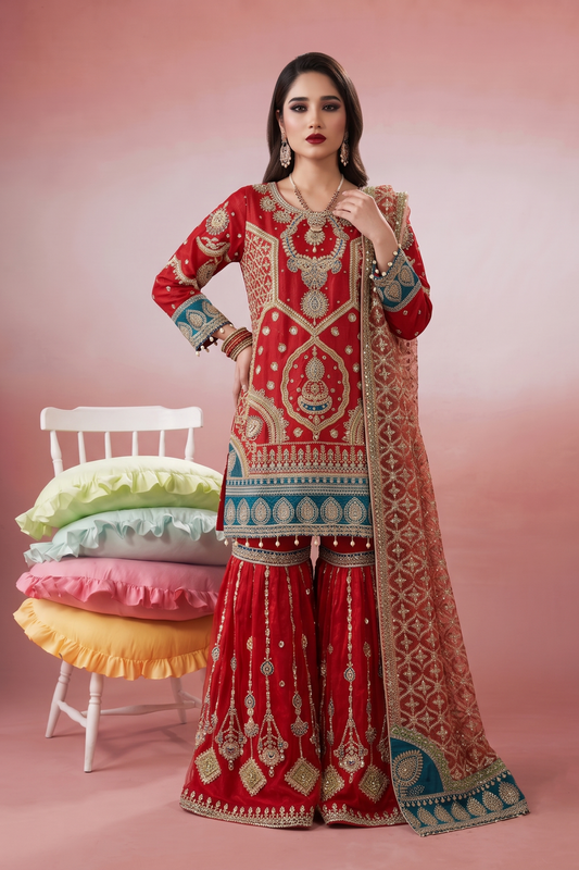 Rust Red Embroidered Organza Gharara Online in Dubai UAE Abudhabi Ajman Sharjah