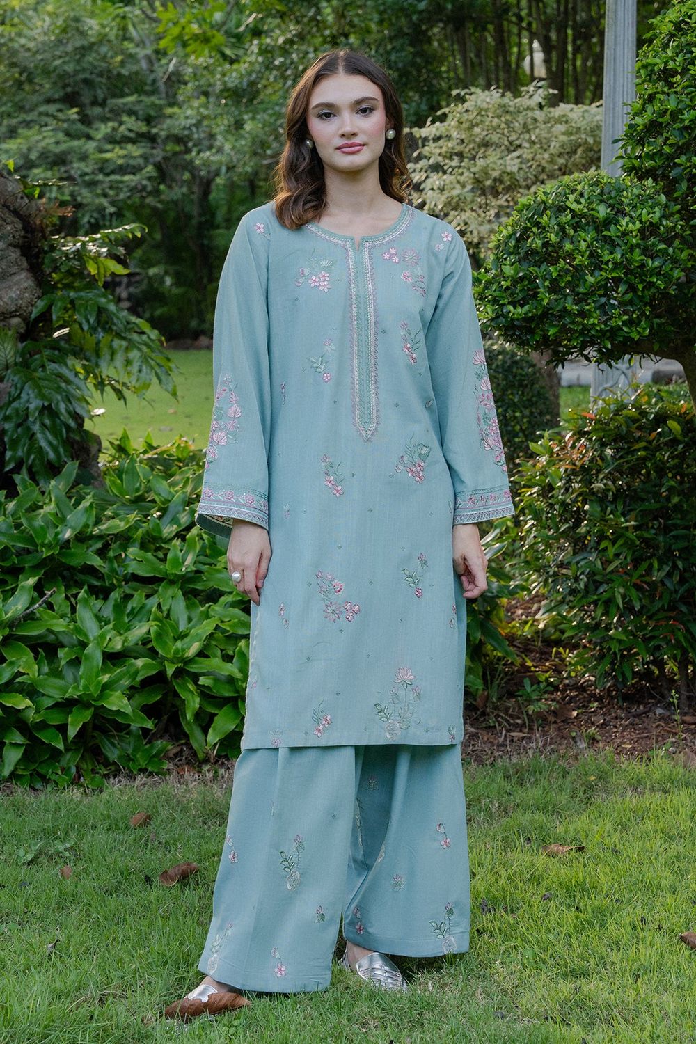 Sky Blue Embroidered Khaddar Kurta Set Online in Dubai UAE Abudhabi Ajman Sharjah