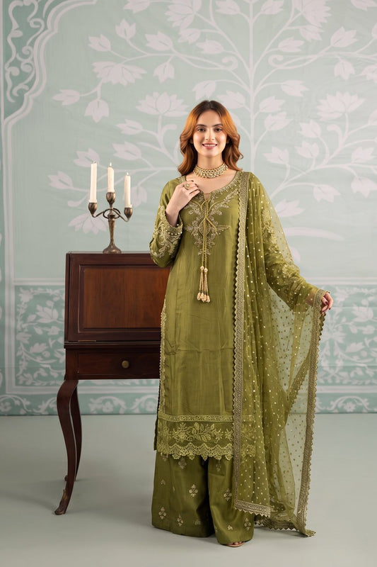 Embroidered Silk 3PC Pakistani Suit Online in Dubai UAE Abudhabi Ajman Sharjah
