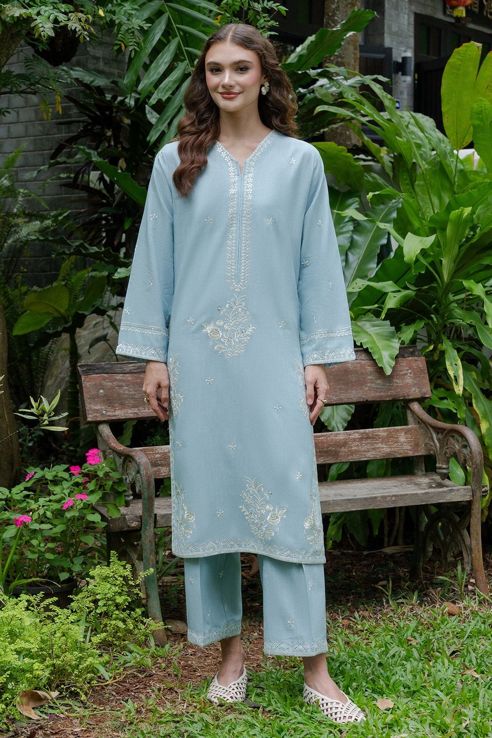 Sky Embroidered Khaddar Kurta Set Online in Dubai UAE Abudhabi Ajman Sharjah