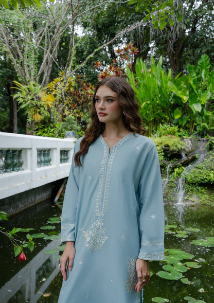 Straight Kurta Set Sky Embroidered Khaddar Online in Dubai UAE Abudhabi Ajman Sharjah