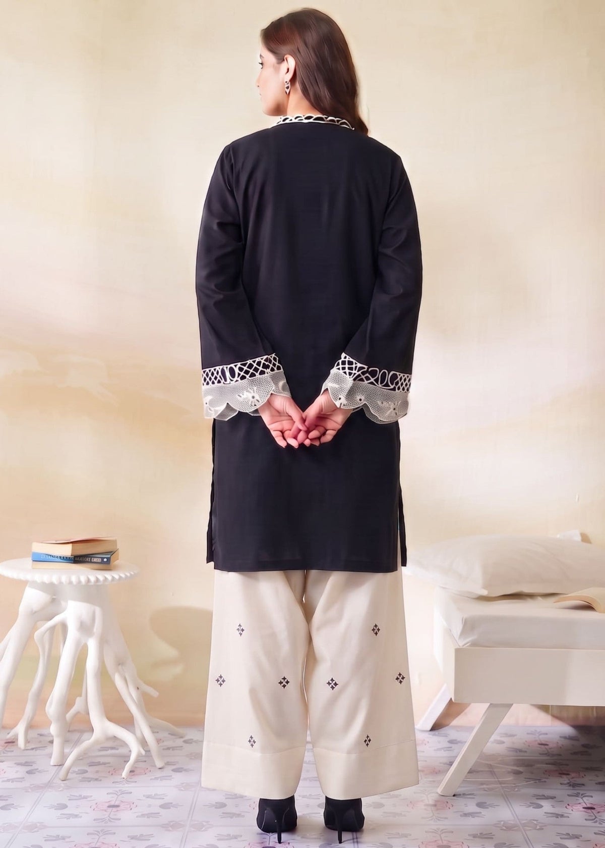 Winter Wear Black Dhanak Kurta Set Online in KSA Riyadh Saudi Arabia Oman Bahrain Qatar