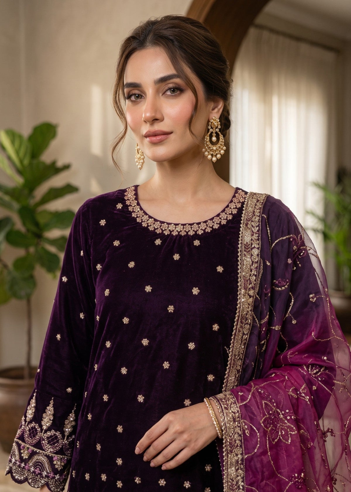 Winter Wear Plum Velvet Salwar Kameez Online in KSA Riyadh Saudi Arabia Oman Bahrain Qatar