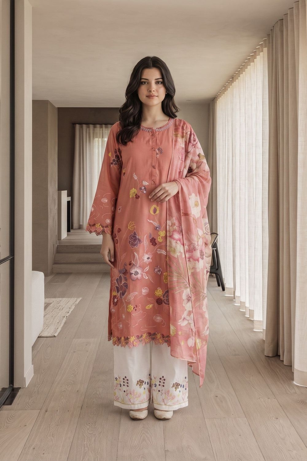 Indian Pink Embroidered Lawn Cotton Salwar Kameez Online in Dubai UAE Abudhabi Ajman Sharjah