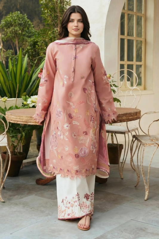 Indian Pink Embroidered Lawn Cotton Salwar Kameez Online in Dubai UAE Abudhabi Ajman Sharjah