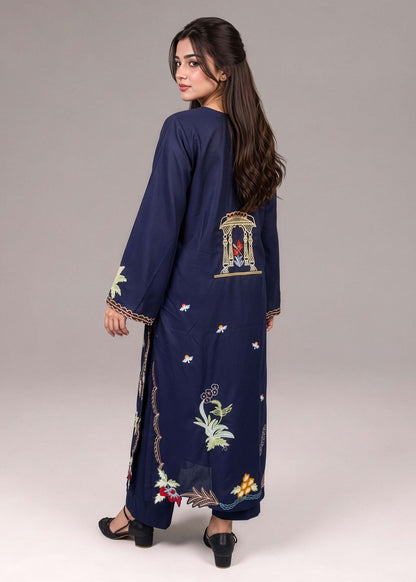 Indigo Embroidered Linen Kurta Set for Women Online in KSA Riyadh Saudi Arabia Oman Bahrain Qatar