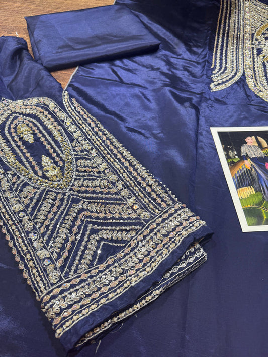 Blue Handmade Raw Silk Suit with Dupatta