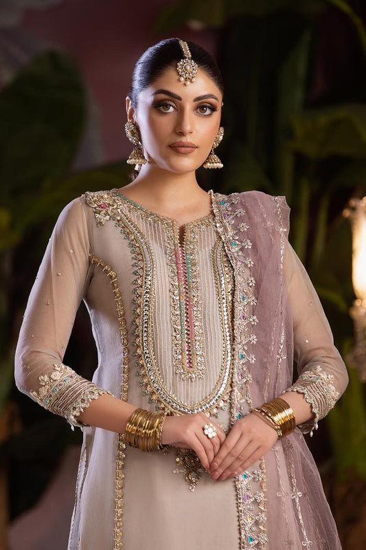 Beige Hand Embroidered Pure Organza Suit