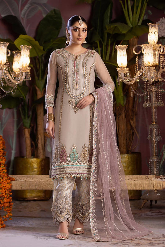Beige Hand Embroidered Pure Organza Suit
