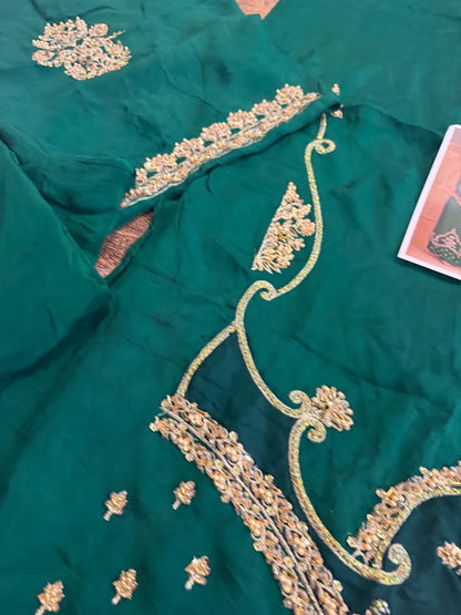 Emerald Green Hand Embellished Elegant Raw Silk Couture