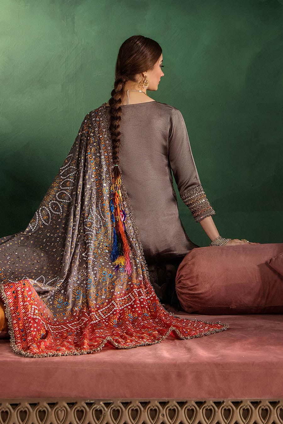 Hand Embroidered Elegant Brown Glass Silk Designer Farshi Shalwar Suit