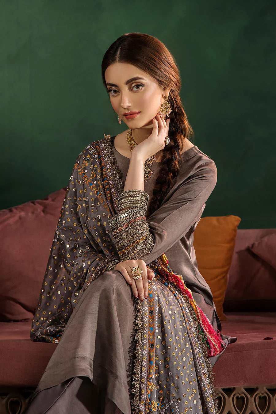 Hand Embroidered Elegant Brown Glass Silk Designer Farshi Shalwar Suit