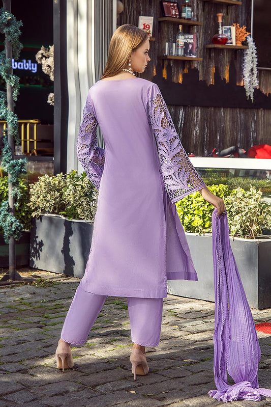 Purple Readymade Pure Cotton Suit with Cut-Work Sleeves