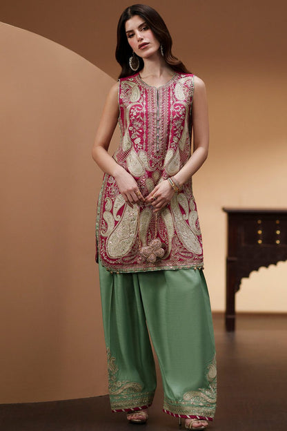Shocking Pink Embroidered Raw Silk Suit with Full Sleeves & Dupatta