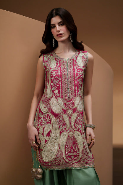 Shocking Pink Embroidered Raw Silk Suit with Full Sleeves & Dupatta