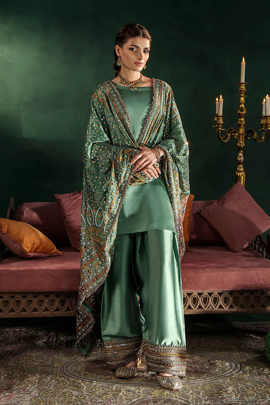 Hand Embroidered Elegant Brown Glass Silk Designer Farshi Shalwar Suit