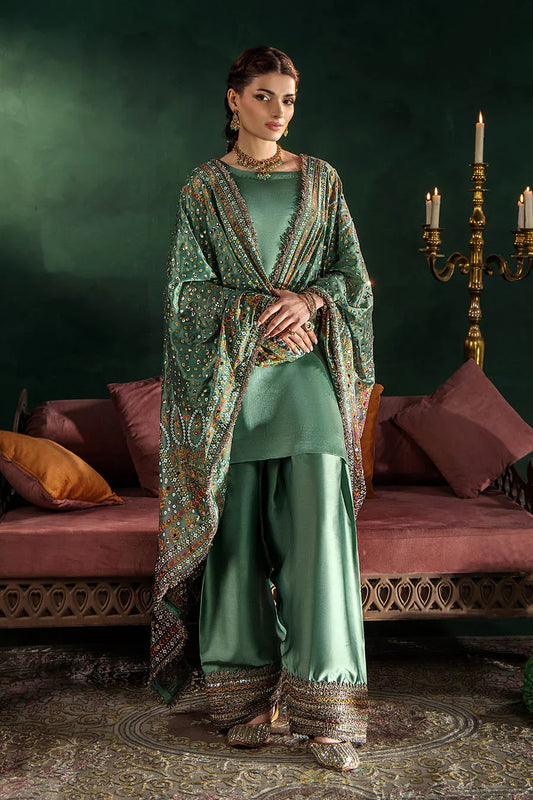 Hand Embroidered Elegant Teal Green Glass Silk Designer Farshi Shalwar Suit