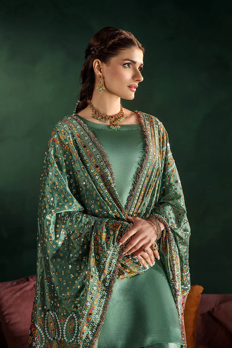Hand Embroidered Elegant Brown Glass Silk Designer Farshi Shalwar Suit