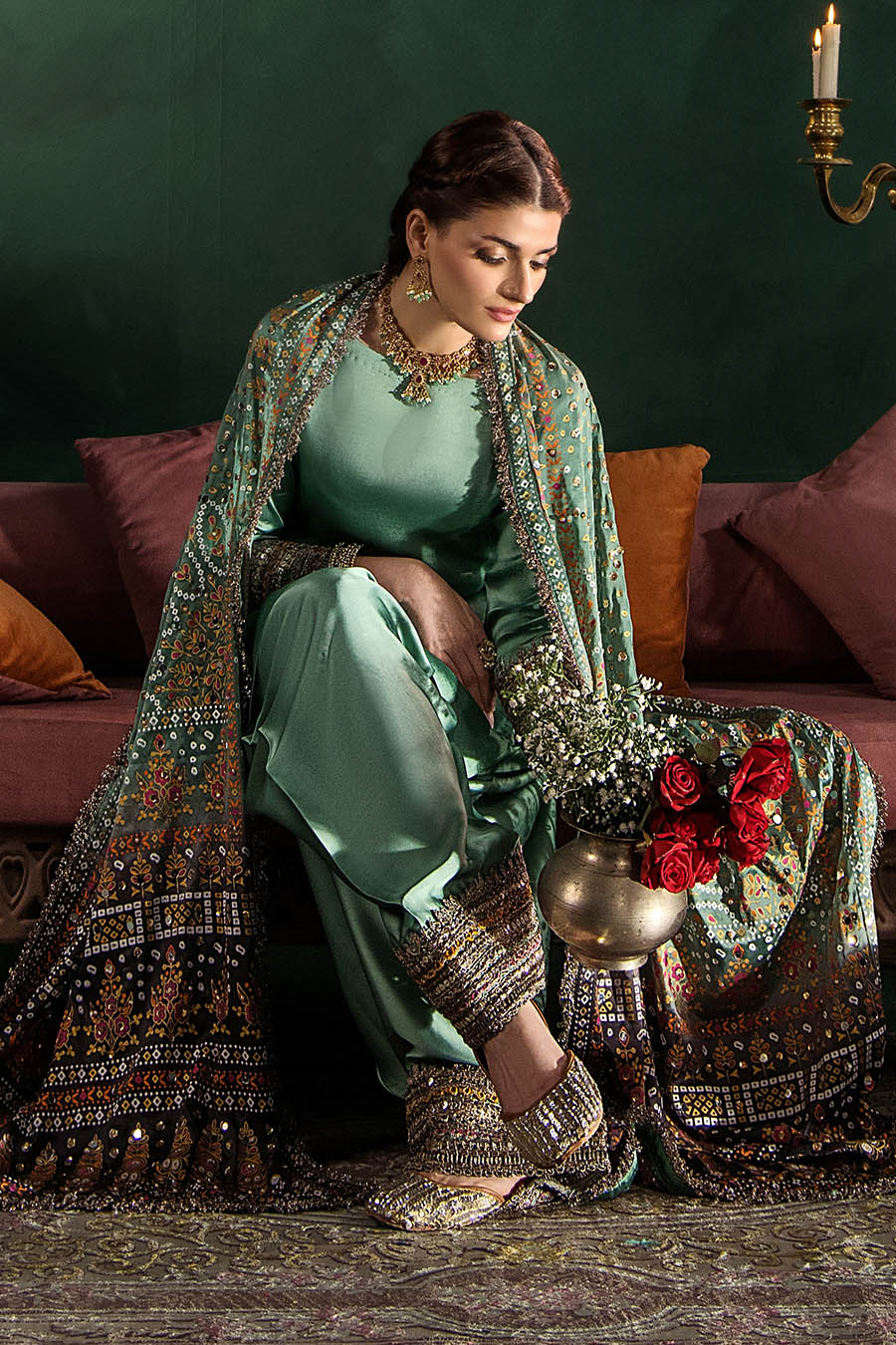 Hand Embroidered Elegant Brown Glass Silk Designer Farshi Shalwar Suit