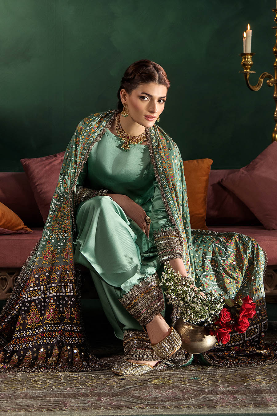 Hand Embroidered Elegant Brown Glass Silk Designer Farshi Shalwar Suit