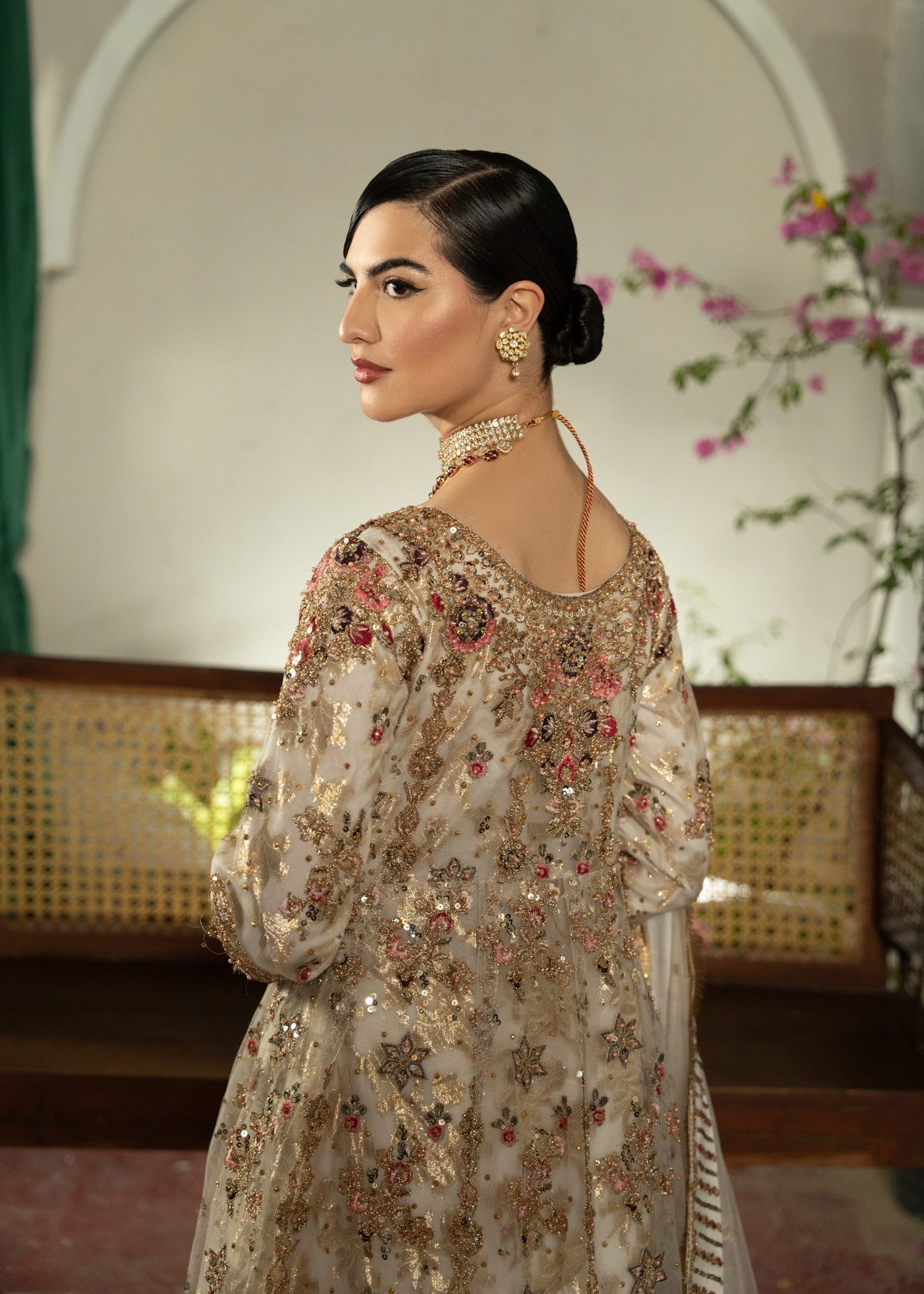 Ivory Chiffon Anarkali with Dabka Embroidery Online in Dubai UAE Abudhabi Ajman Sharjah