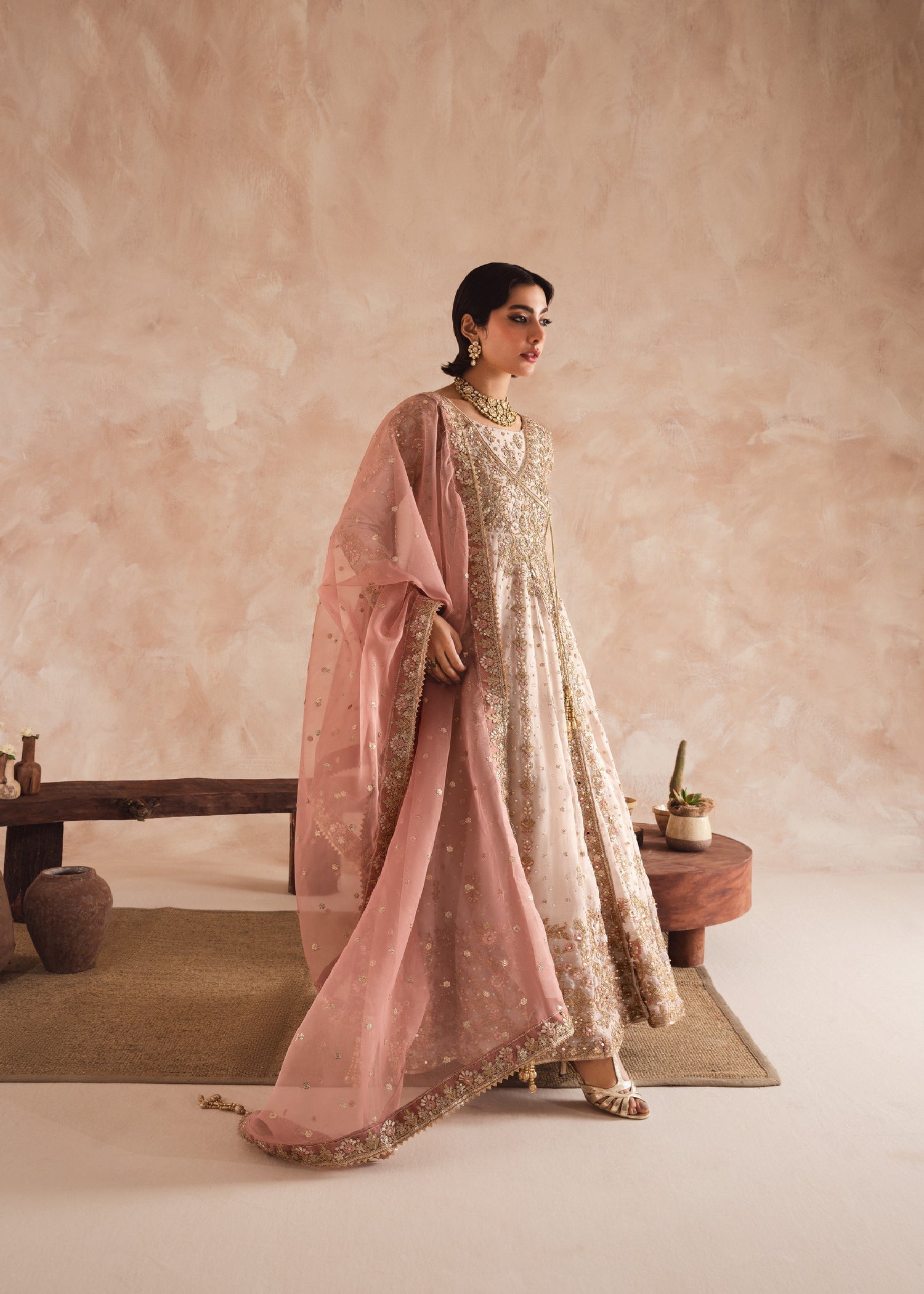 Ivory Chiffon Angrakha Pakistani Suit Online in Dubai UAE Abudhabi Ajman Sharjah