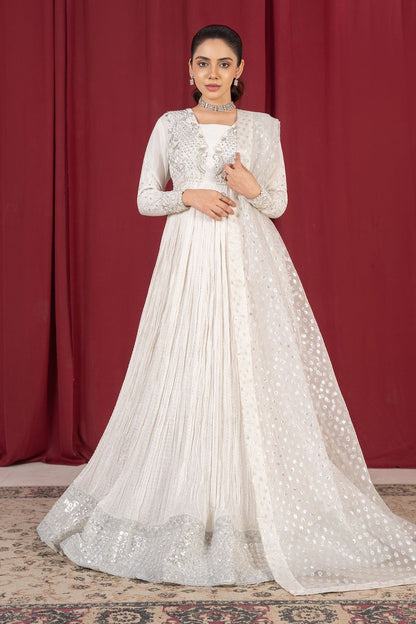 Ivory Crushed Raw Silk Pishwas with Organza Dupatta Online in Dubai UAE Abudhabi Ajman Sharjah