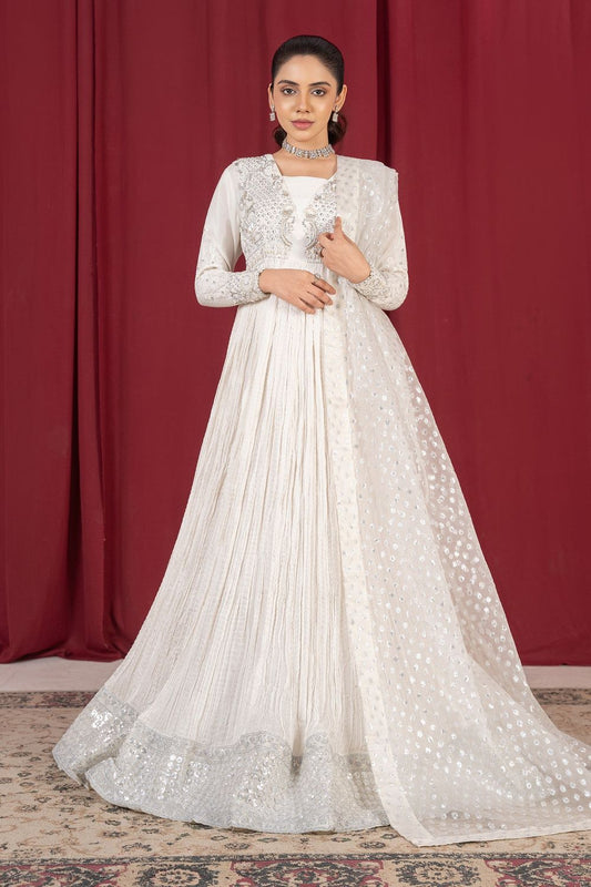 Ivory Crushed Raw Silk Pishwas with Organza Dupatta Online in Dubai UAE Abudhabi Ajman Sharjah