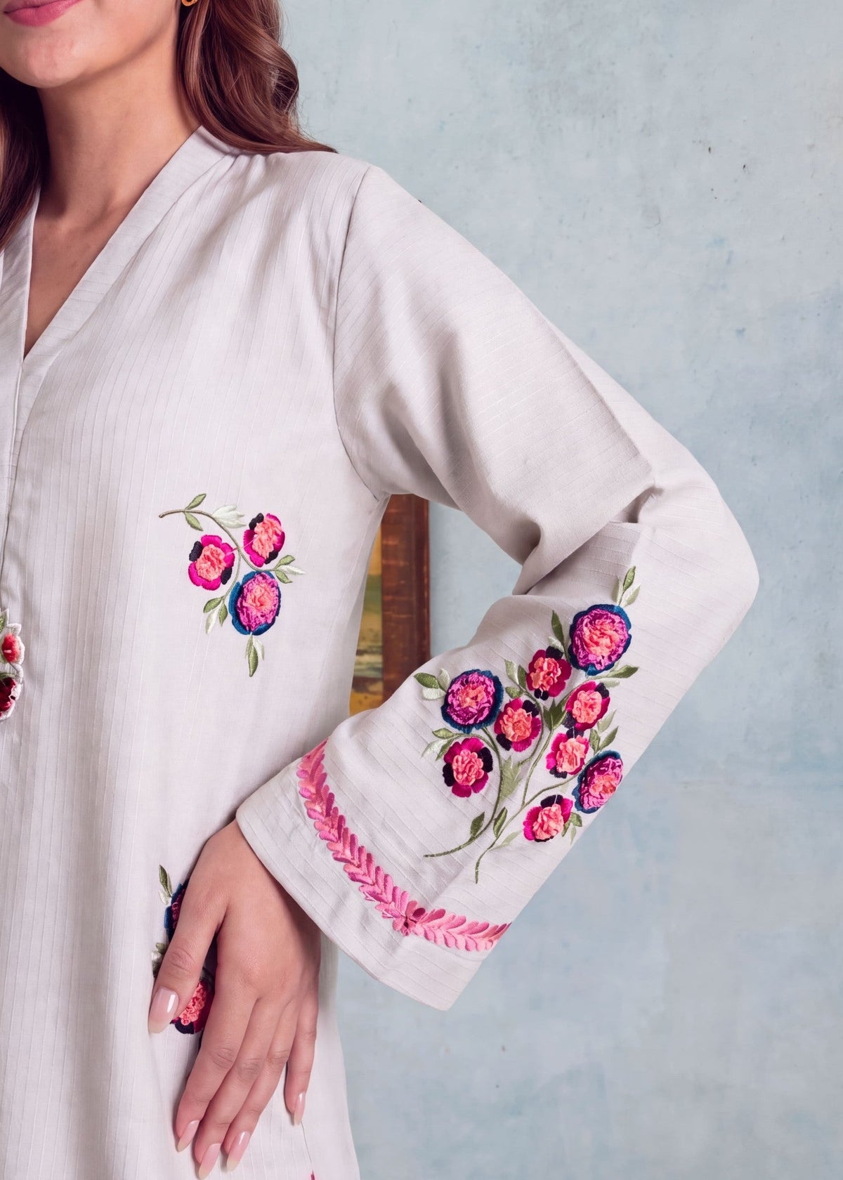 Ivory Dhanak Embroidered Kurta Set Online in Sri Lanka India Australia