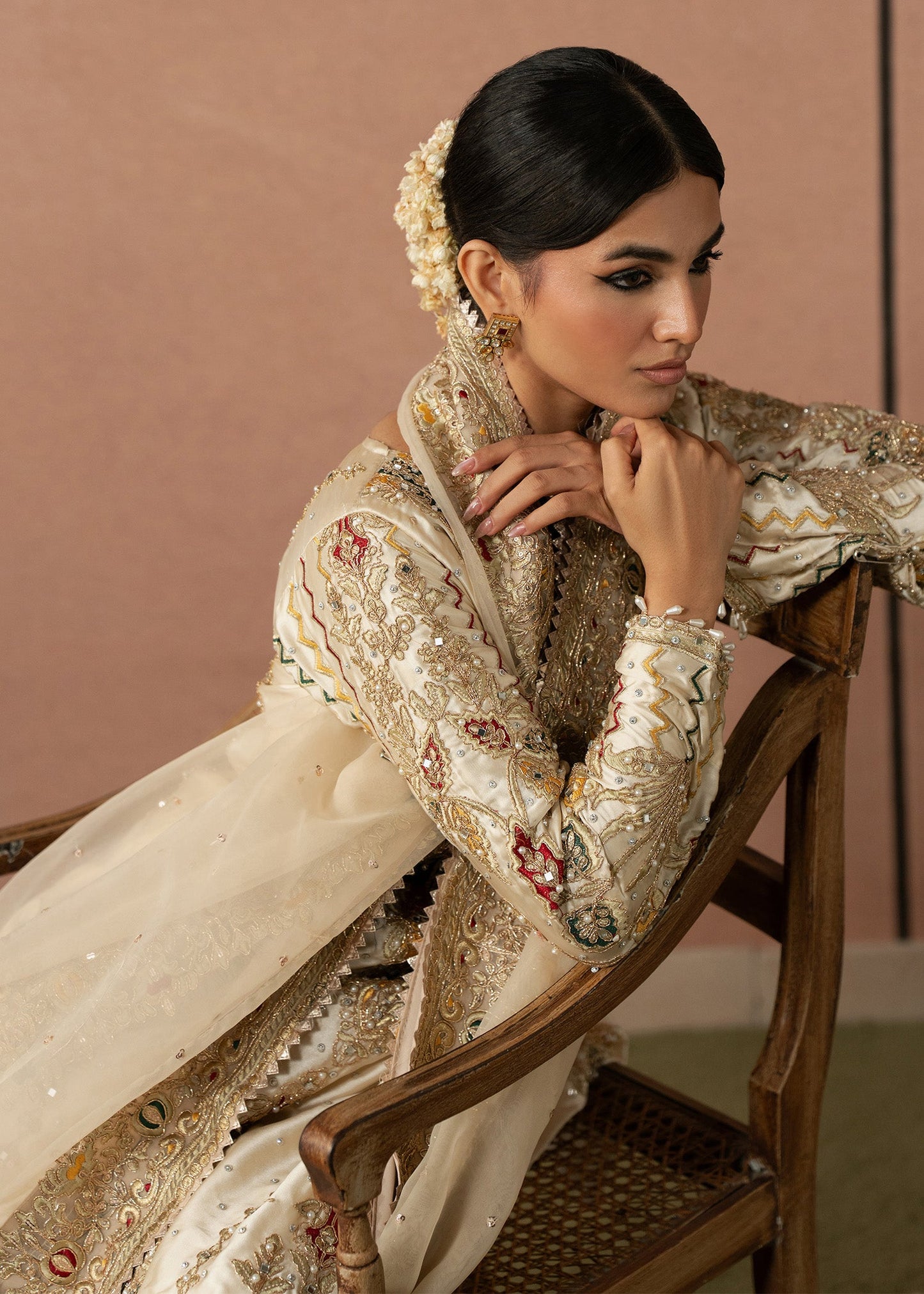 Ivory Embellished Charmuse Salwar Kameez with Organza Dupatta Online in KSA Riyadh Saudi Arabia Oman Bahrain Qatar