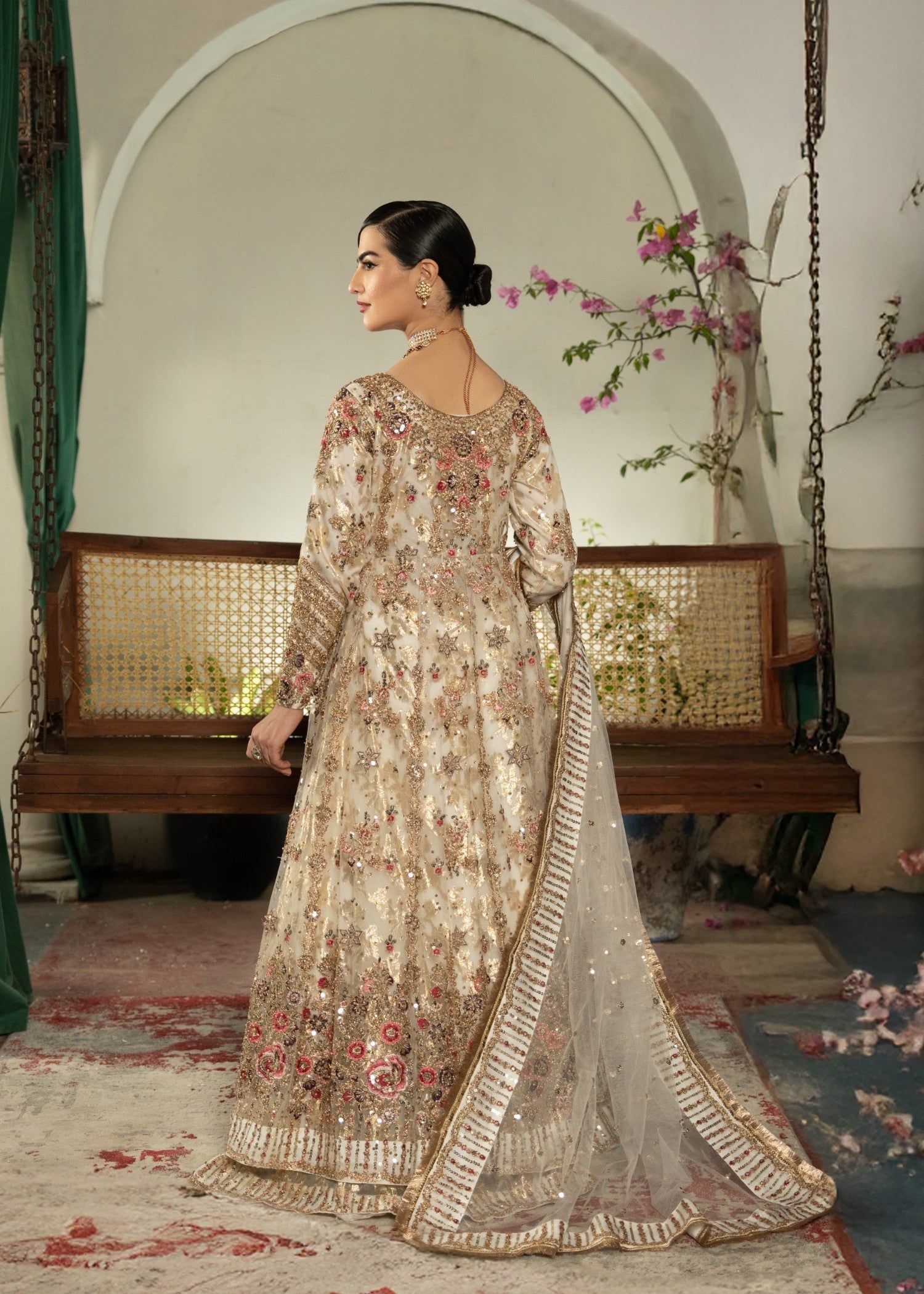 Ivory Embellished Chiffon Anarkali Maxi Dress Online in Dubai DXB UAE Abudhabi Meena Bazaar