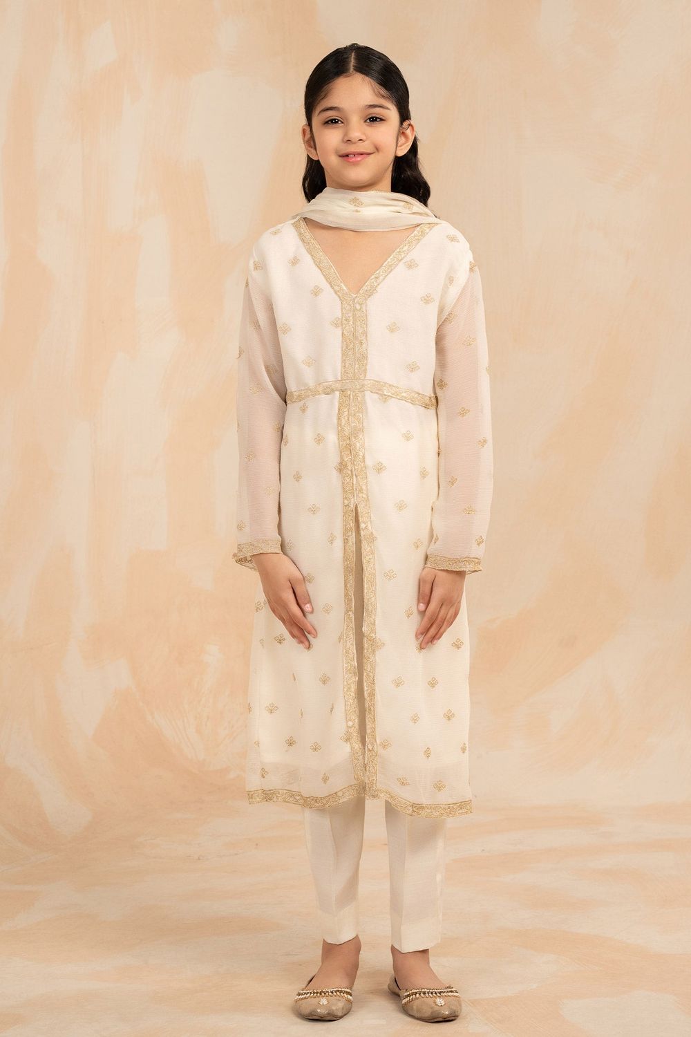 Ivory Embellished Chiffon Raw Silk Suit Online in Dubai UAE Abudhabi Ajman Sharjah