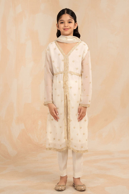 Ivory Embellished Chiffon Raw Silk Suit Online in Dubai UAE Abudhabi Ajman Sharjah