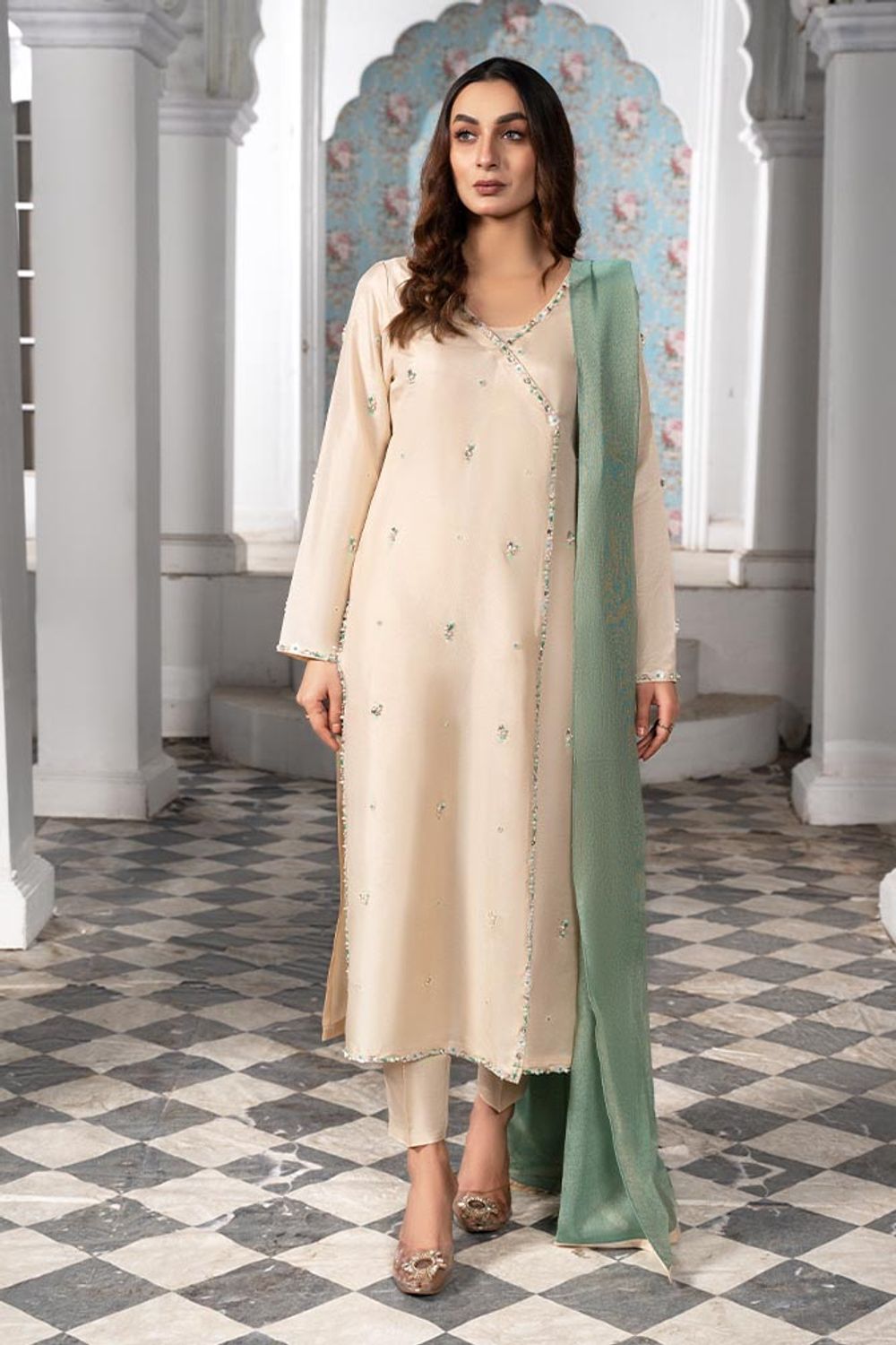 Ivory Embellished Kattan Silk Angrakha Suit Online in Dubai UAE Abudhabi Ajman Sharjah