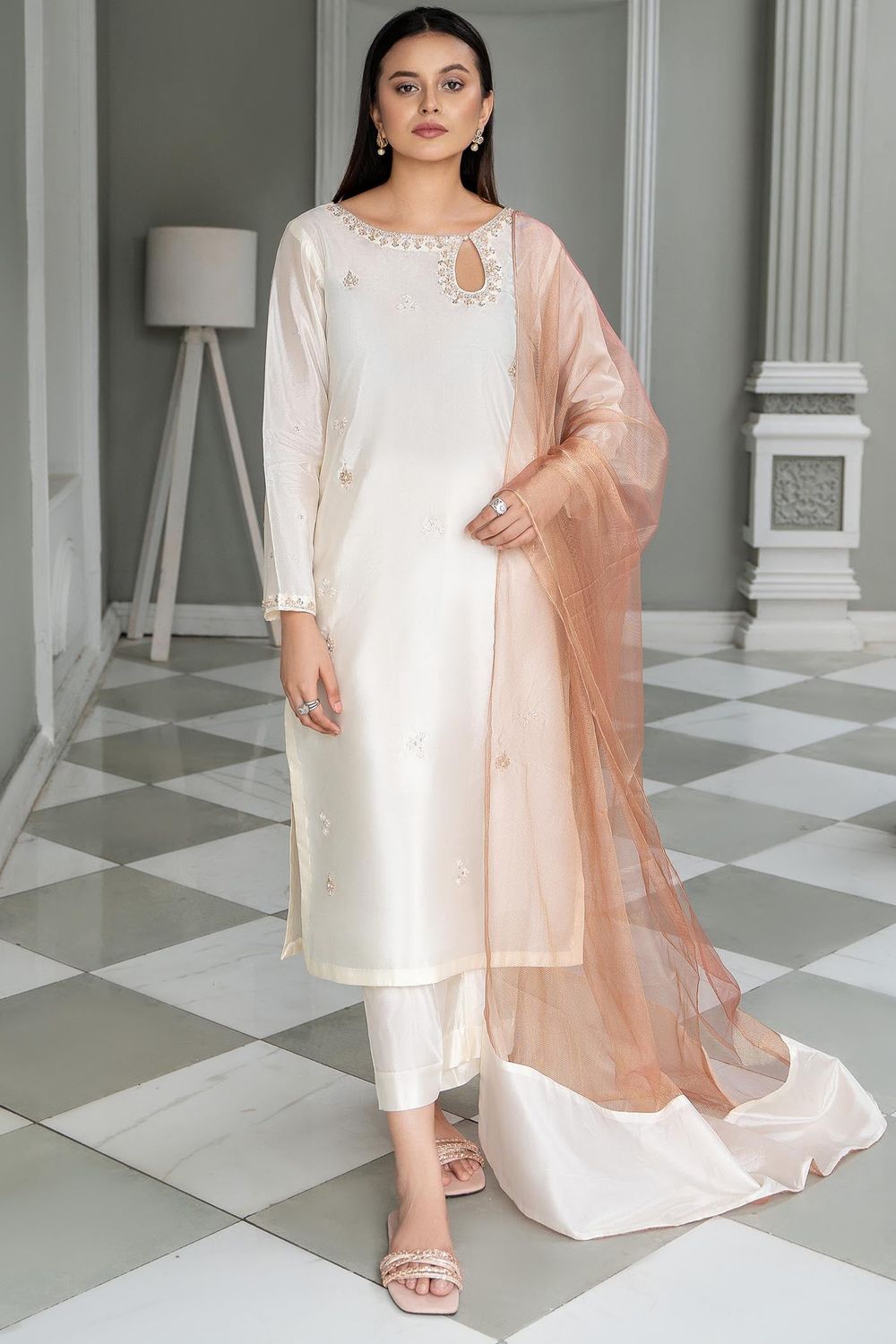 Ivory Embellished Kattan Silk Party Wear Suit Online in Dubai UAE Abudhabi Ajman Sharjah